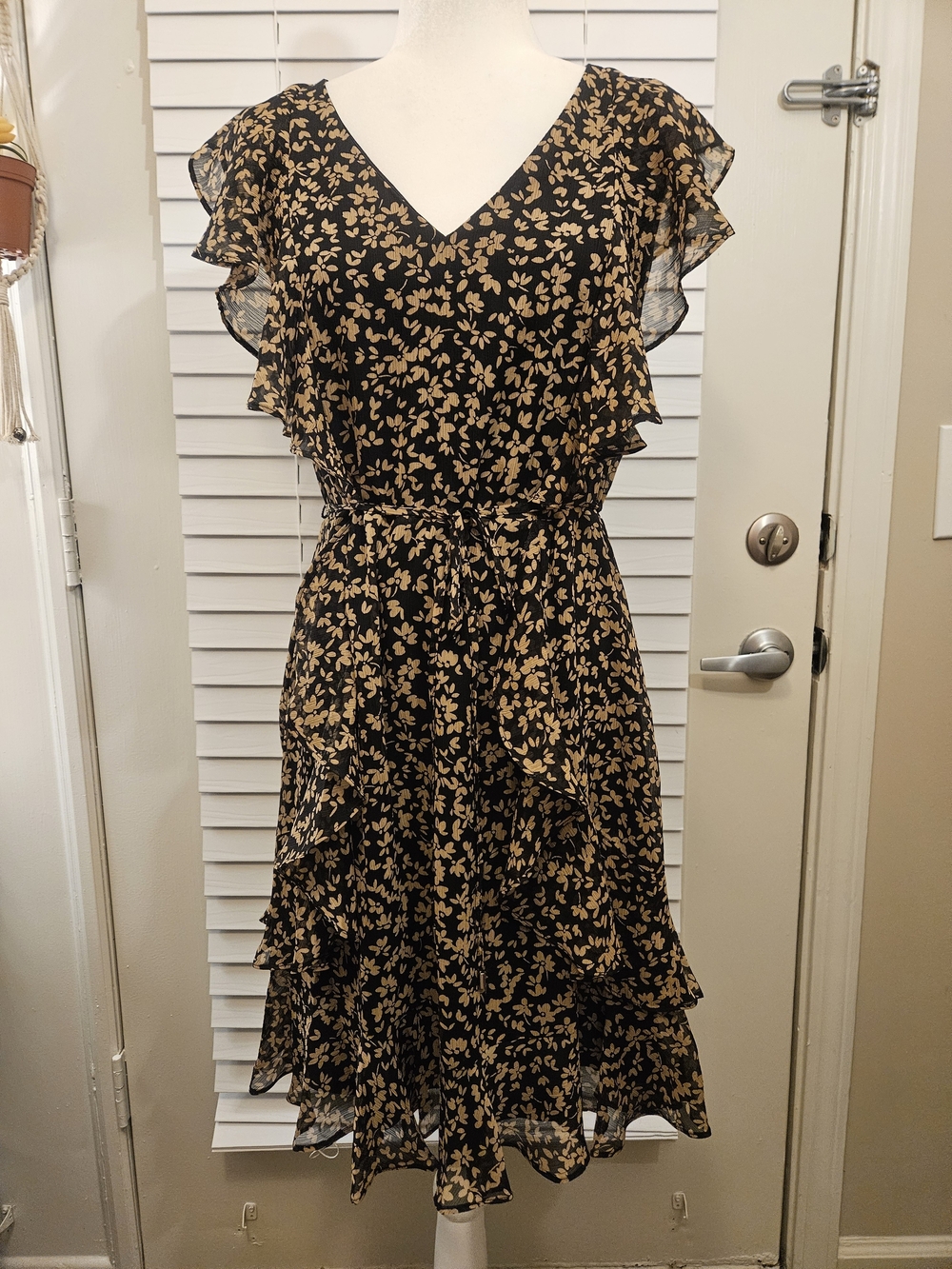 Tommy Hilfiger Fall Floral Midi Dress Black Yellow Tiered Flounce Size 12